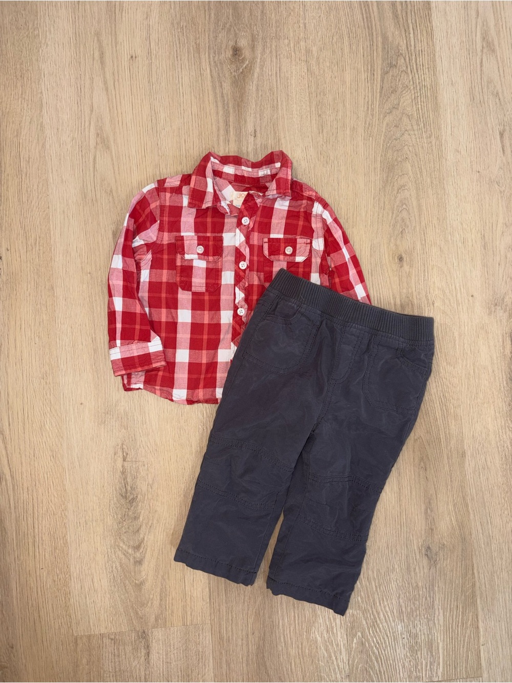 Joe Fresh Red Plaid Button-Down Shirt with grey Pants Set